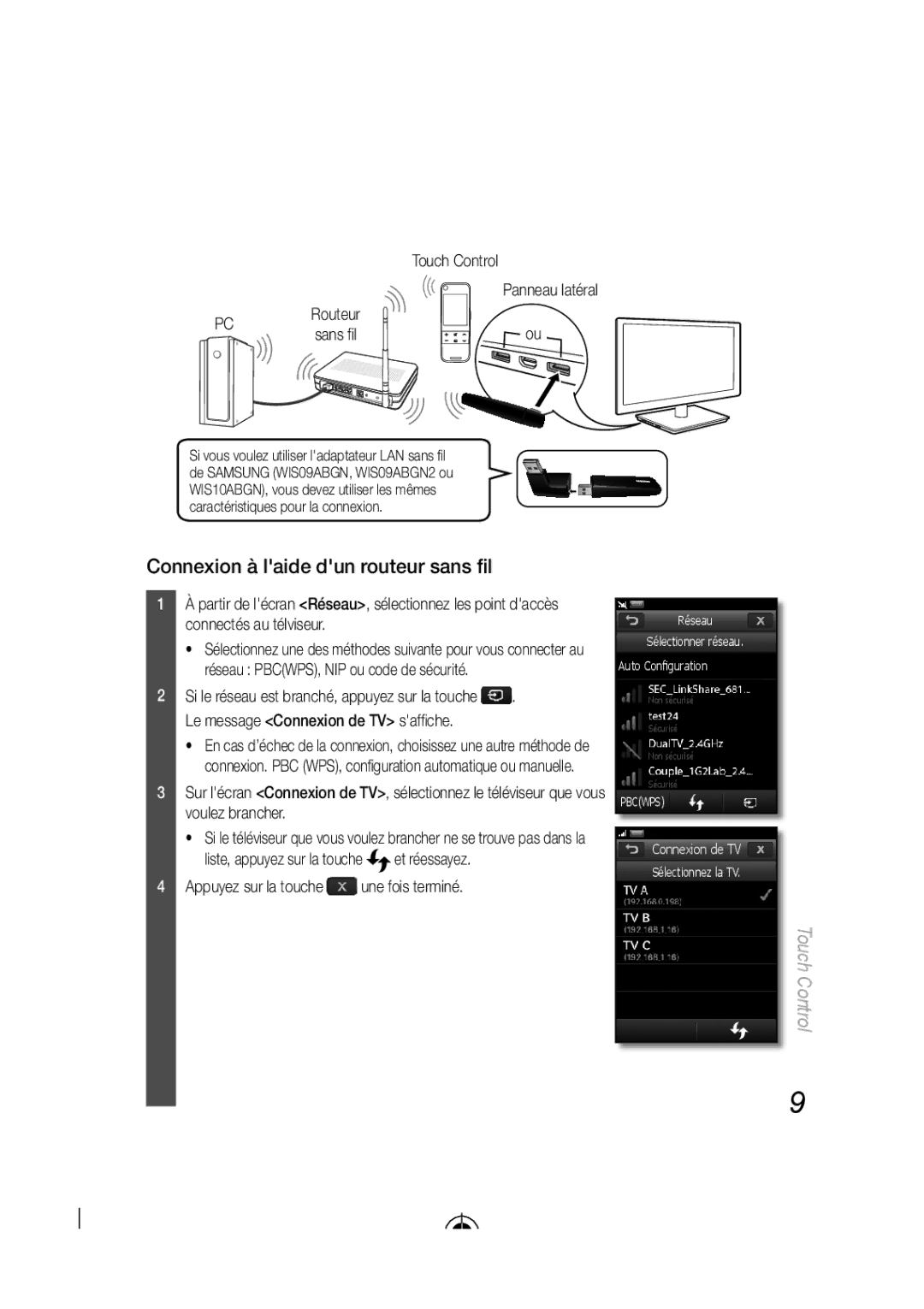 Samsung LED-C9000 Connexion à laide dun routeur sans ﬁl, Touch Control Panneau latéral, Connexion de TV Sélectionnez la TV 