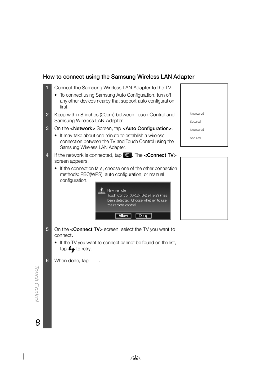 Samsung BN68-03092A-02 How to connect using the Samsung Wireless LAN Adapter, If the network is connected, tap, New remote 