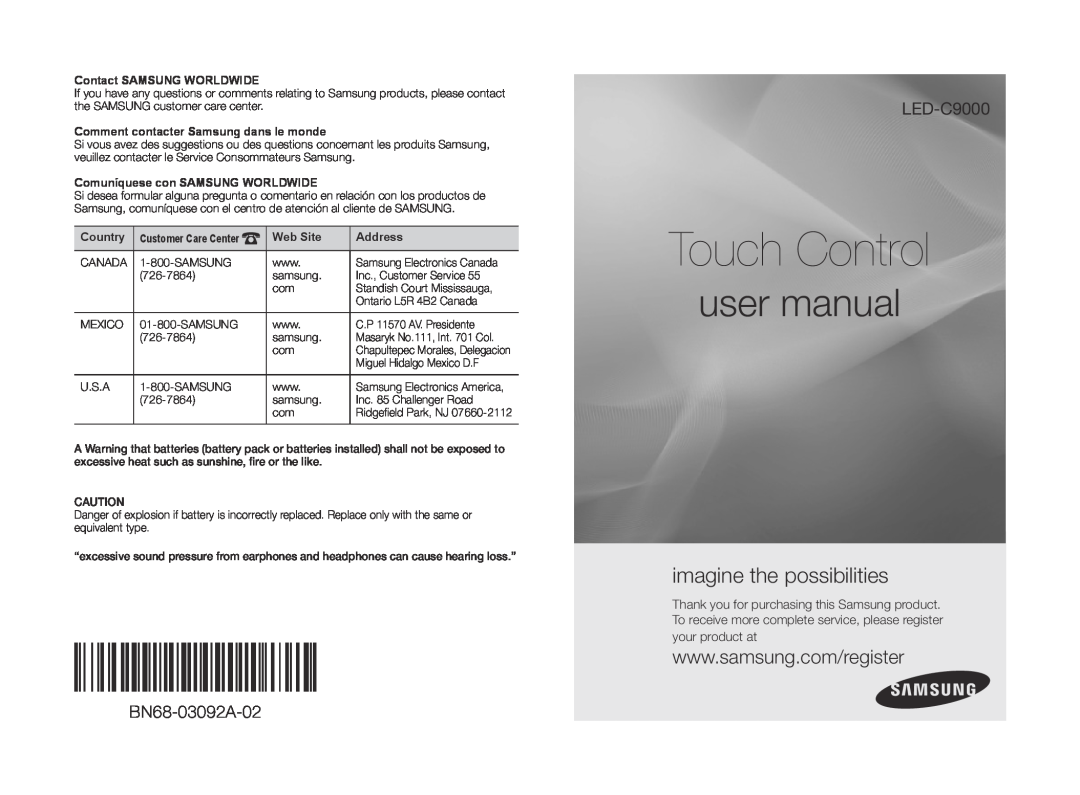 Samsung LED-C9000 user manual BN68-03092A-02, your product at, Contact SAMSUNG WORLDWIDE, Country, Customer Care Center 