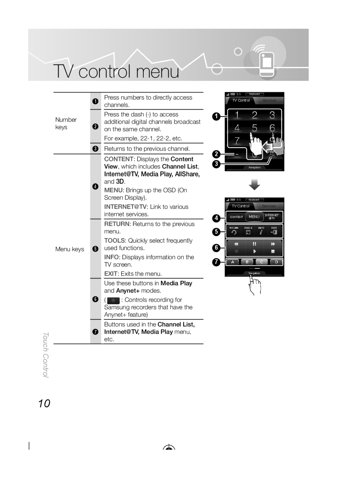 Samsung BN68-03092A-02, LED-C9000 user manual TV control menu, INTERNET@TV Link to various internet services, Touch Control 