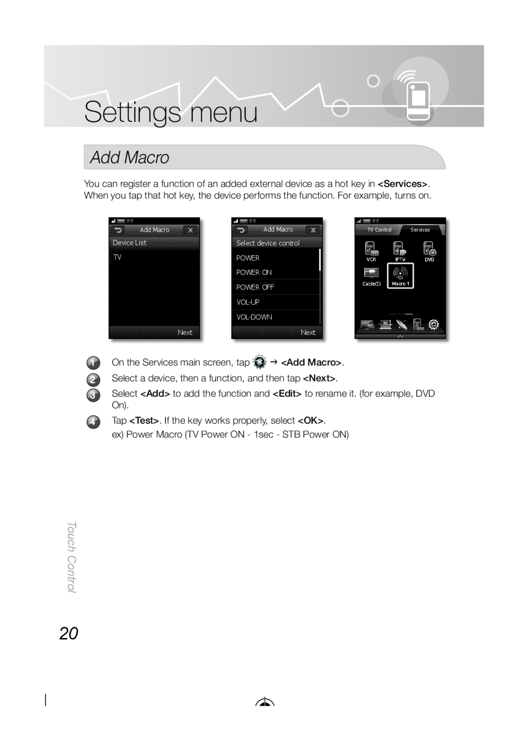 Samsung BN68-03092A-02, LED-C9000 user manual Settings menu, Add Macro, Touch Control 