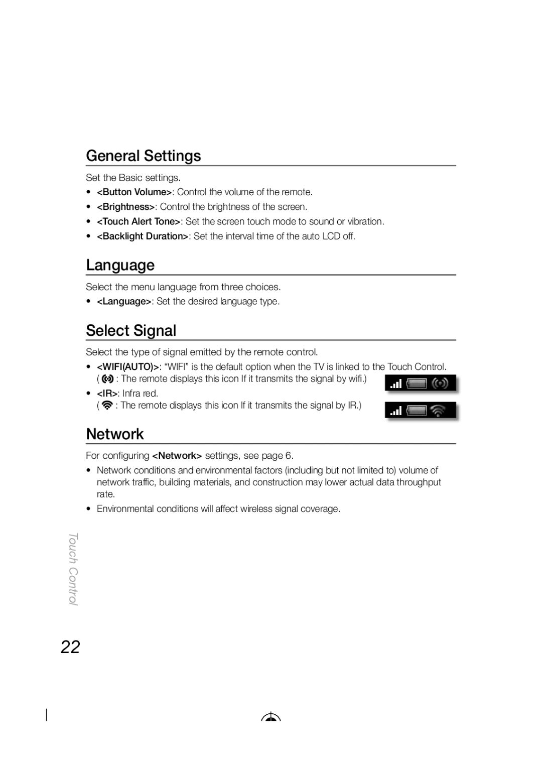 Samsung BN68-03092A-02, LED-C9000 user manual General Settings, Language, Select Signal, Network, Touch Control 