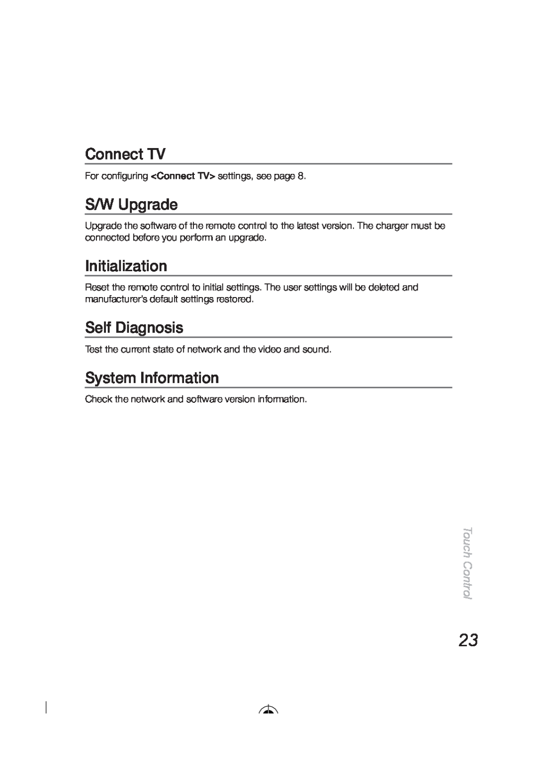 Samsung LED-C9000 user manual Connect TV, S/W Upgrade, Initialization, Self Diagnosis, System Information, Touch Control 
