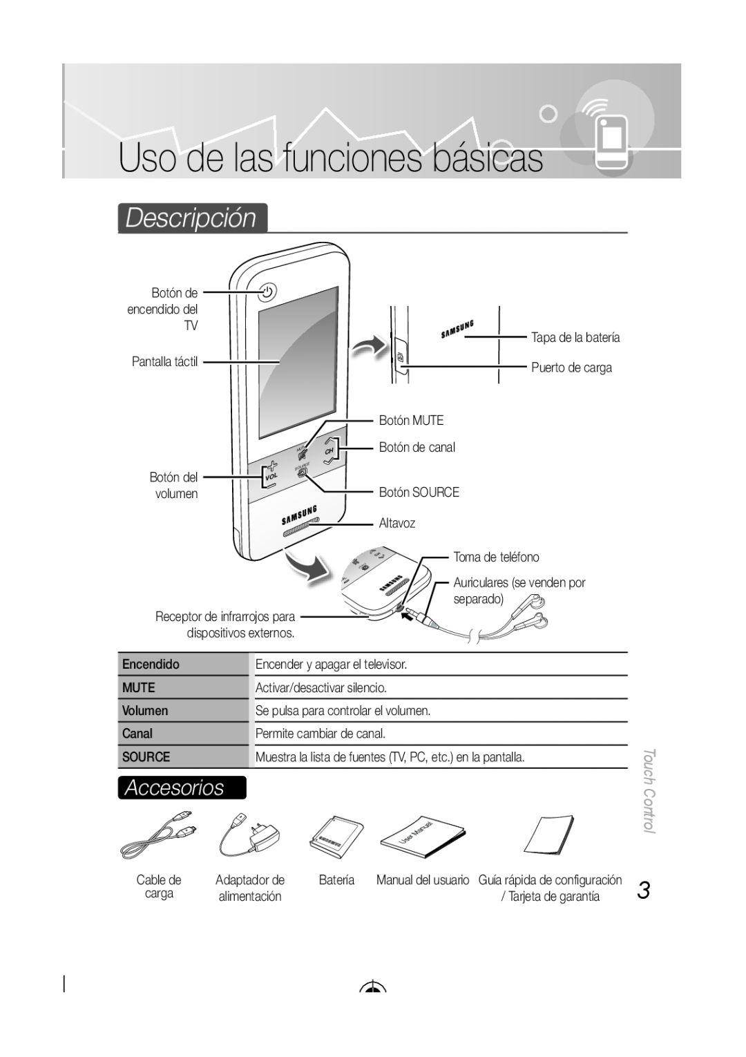 Samsung LED-C9000, BN68-03092A-02 user manual Uso de las funciones básicas, Descripción, Accesorios, Touch Control 