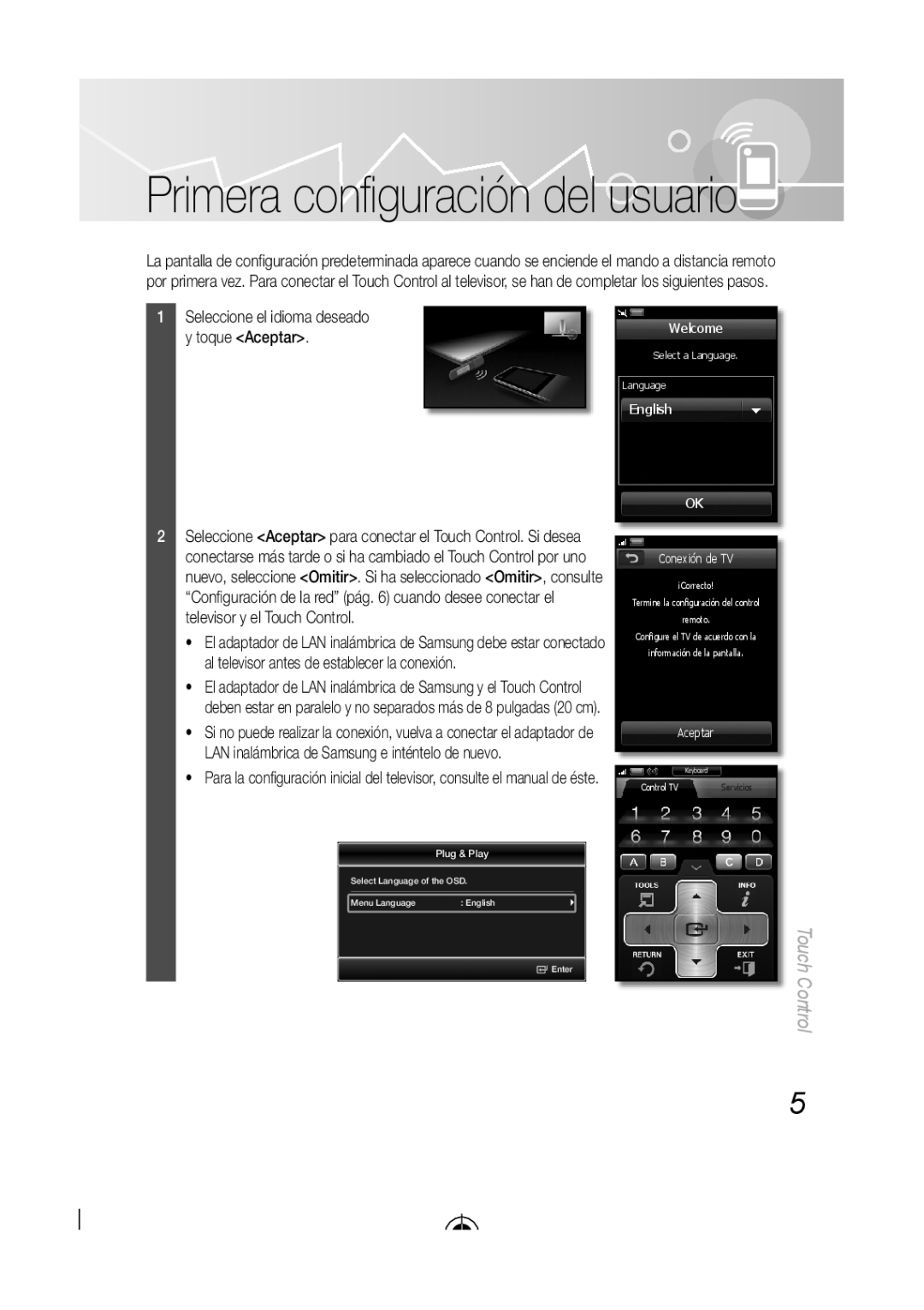 Samsung LED-C9000, BN68-03092A-02 user manual Primera conﬁ guración del usuario, Touch Control 