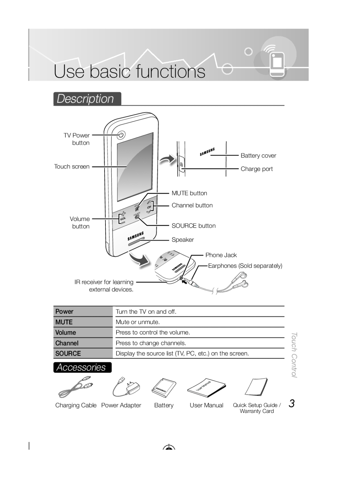 Samsung LED-C9000, BN68-03092A-02 user manual Use basic functions, Description, Accessories, Touch Control 