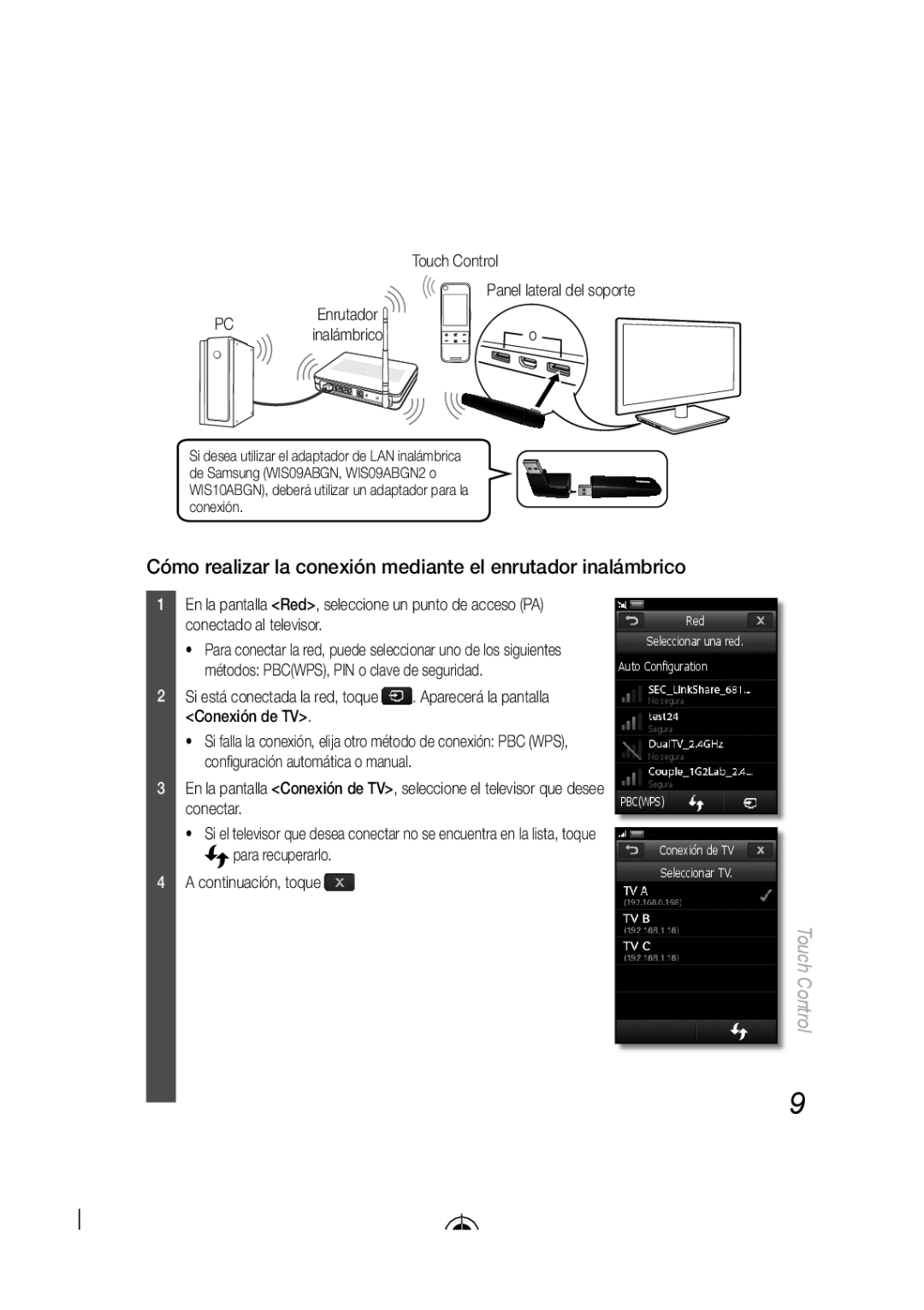 Samsung LED-C9000 user manual Cómo realizar la conexión mediante el enrutador inalámbrico, Conexión de TV, Touch Control 