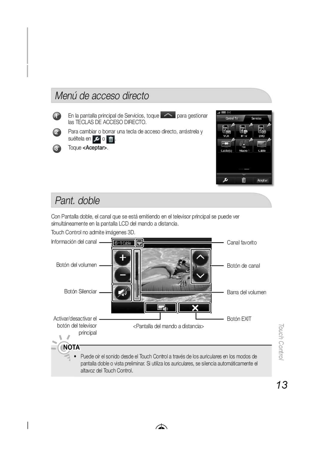 Samsung LED-C9000, BN68-03092A-02 user manual Menú de acceso directo, Pant. doble, Nota, Touch Control 