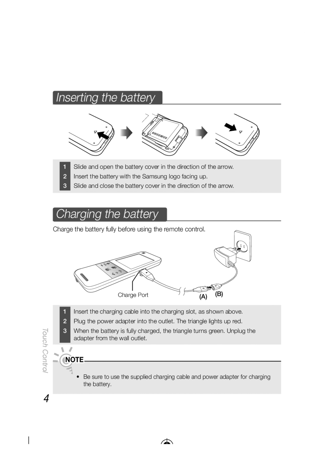 Samsung BN68-03092A-02, LED-C9000 user manual Inserting the battery, Charging the battery, Touch Control 