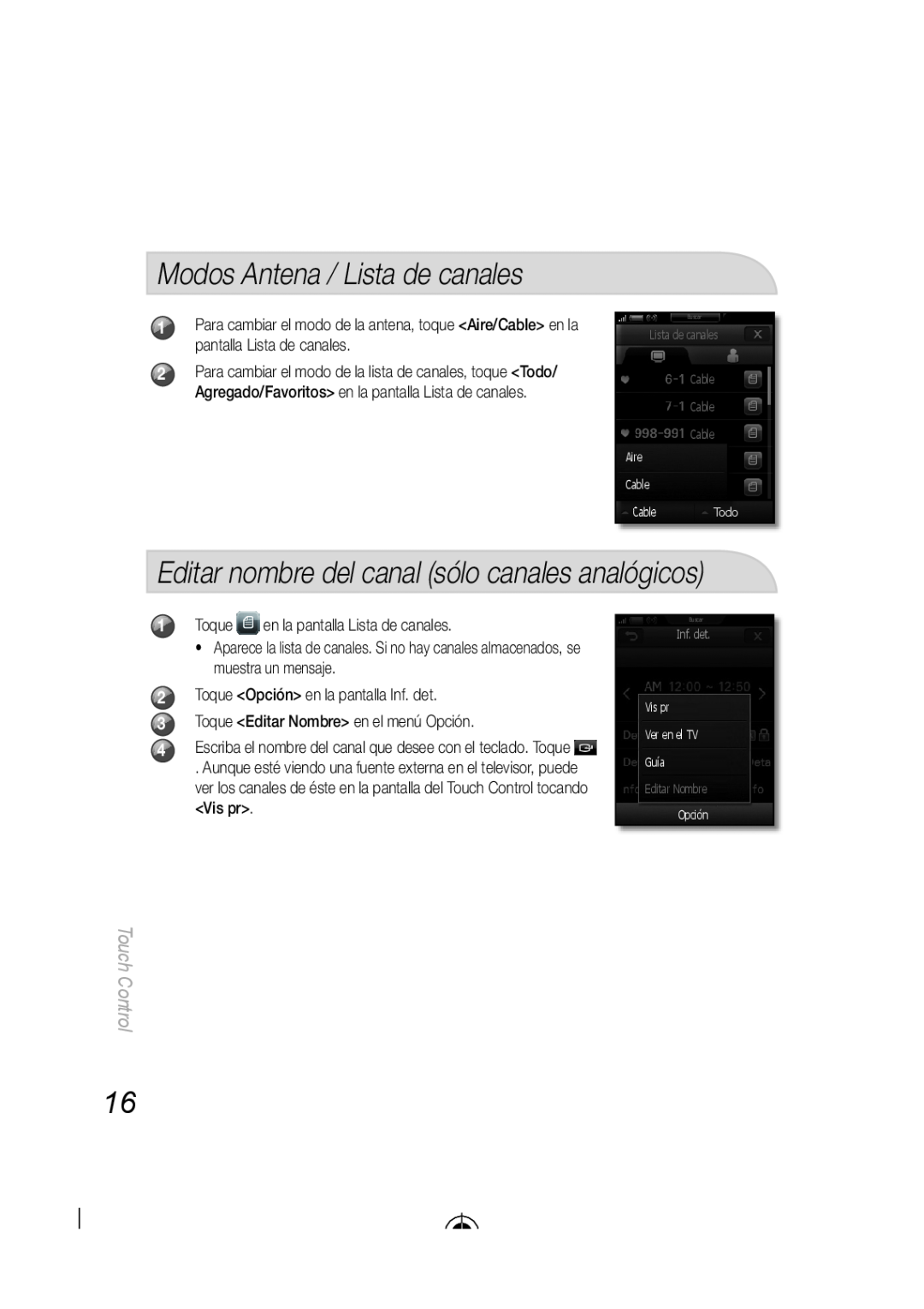 Samsung BN68-03092A-02 Modos Antena / Lista de canales, Editar nombre del canal sólo canales analógicos, Touch Control 