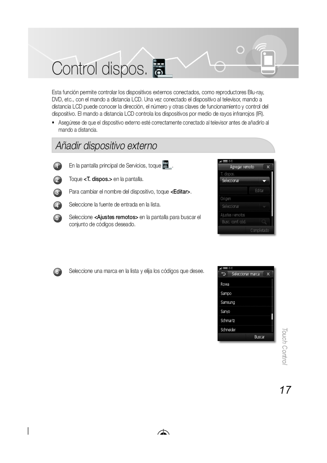 Samsung LED-C9000 Touch Control, Agregar remoto, Editar, Completado, T. dispos. Seleccionar, Añadir dispositivo externo 