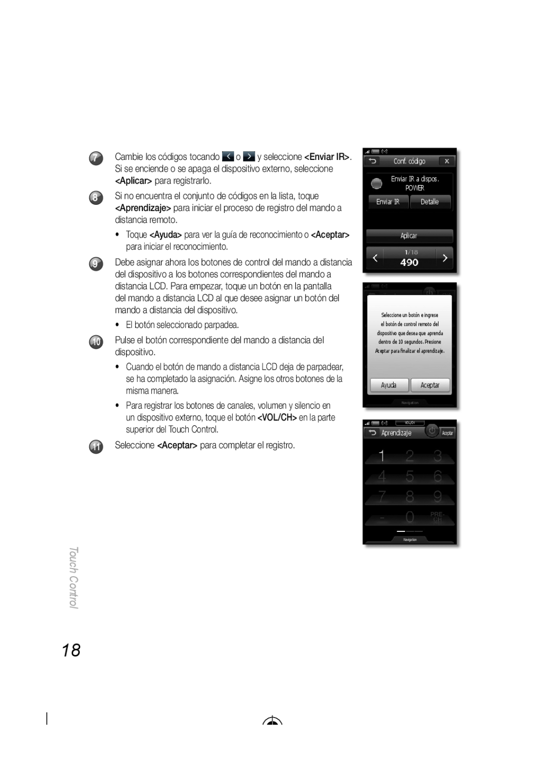 Samsung BN68-03092A-02 El botón seleccionado parpadea, Seleccione Aceptar para completar el registro, Touch Control 