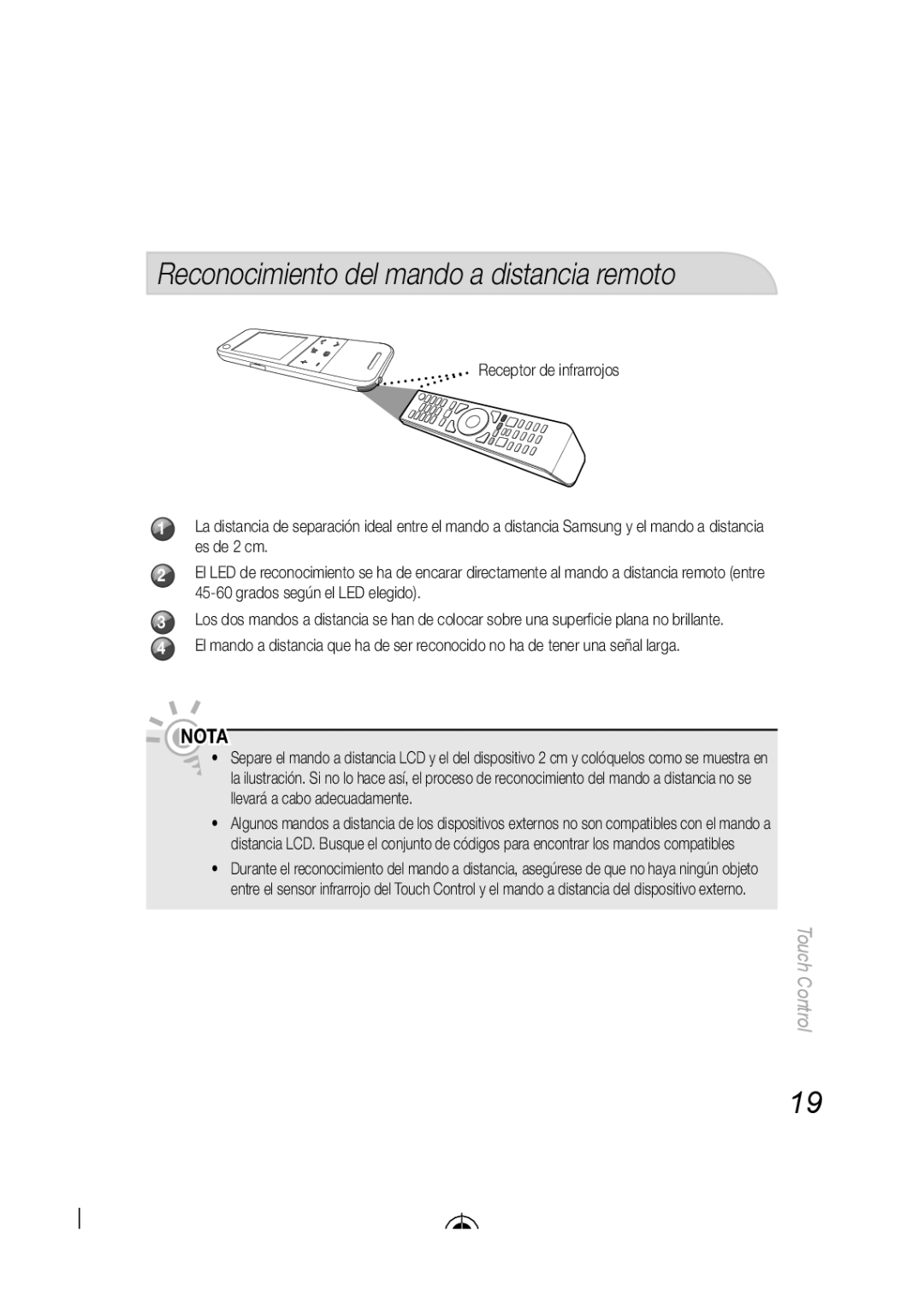 Samsung LED-C9000, BN68-03092A-02 user manual Reconocimiento del mando a distancia remoto, Nota, Touch Control 