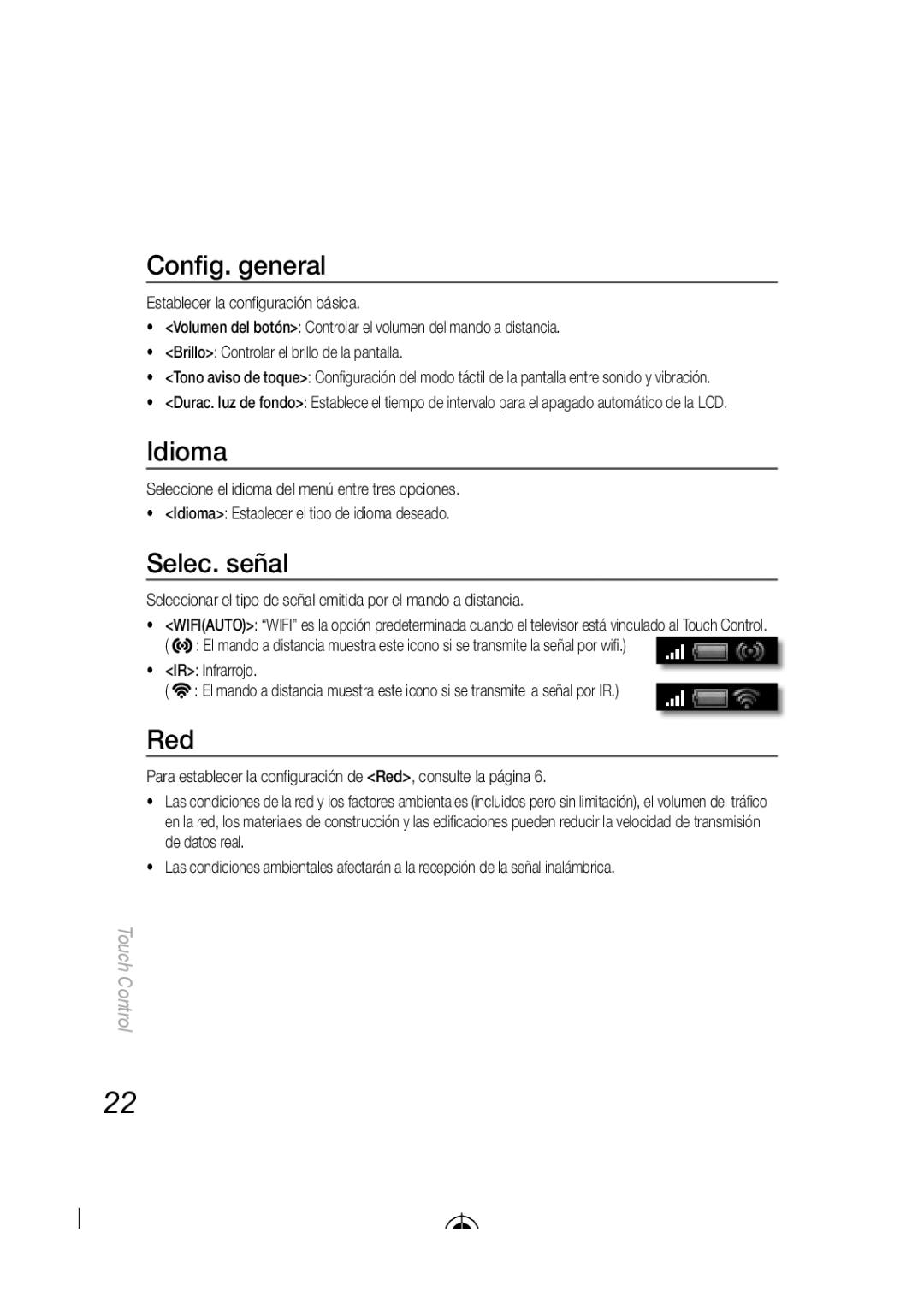 Samsung BN68-03092A-02, LED-C9000 user manual Conﬁg. general, Idioma, Selec. señal, Touch Control 