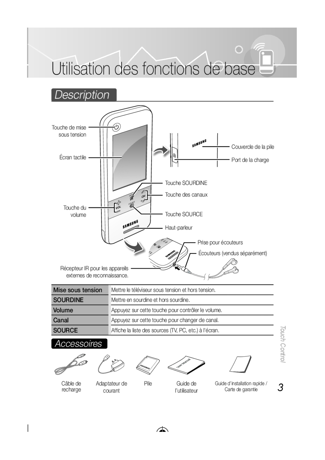 Samsung LED-C9000, BN68-03092A-02 user manual Utilisation des fonctions de base, Accessoires, Description, Touch Control 