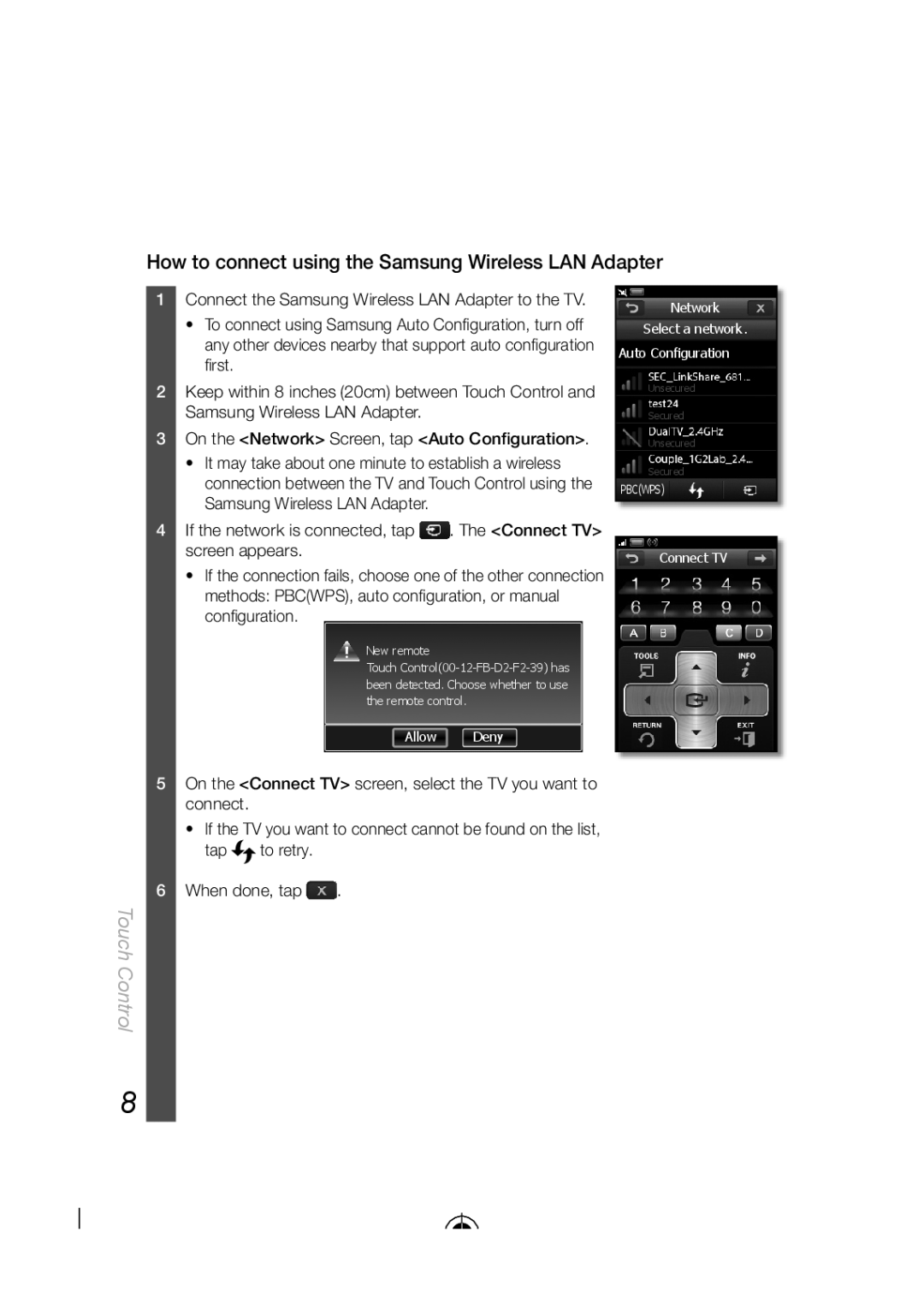 Samsung BN68-03092A-02, LED-C9000 user manual How to connect using the Samsung Wireless LAN Adapter, Touch Control 