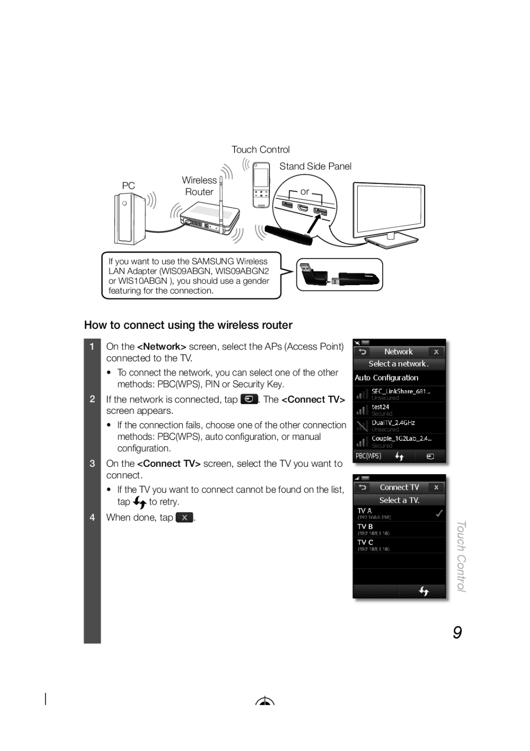 Samsung LED-C9000, BN68-03092A-02 user manual How to connect using the wireless router, Touch Control 