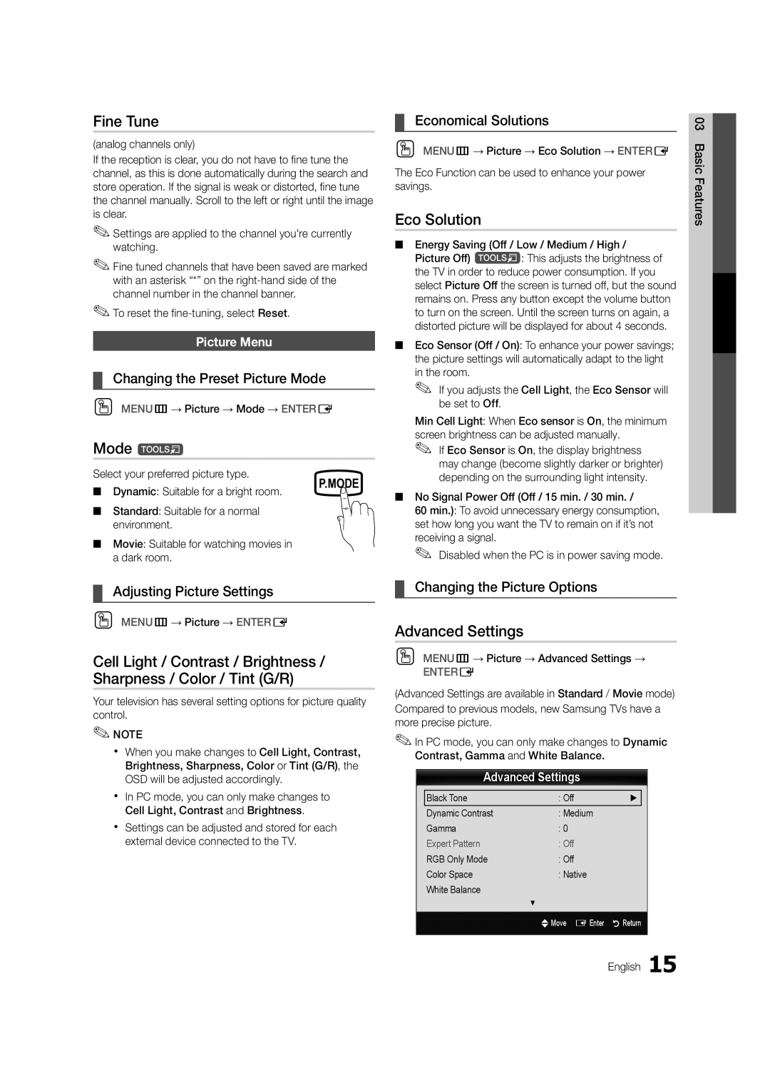 Samsung PC490-ZA, BN68-03114A-01 user manual Fine Tune, Mode t, Eco Solution, Advanced Settings 