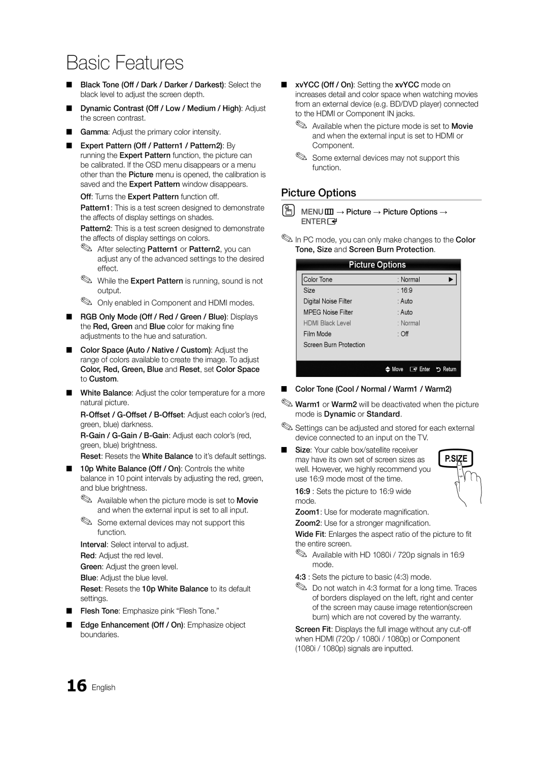 Samsung BN68-03114A-01, PC490-ZA Off Turns the Expert Pattern function off, OO MENUm→ Picture → Picture Options → 