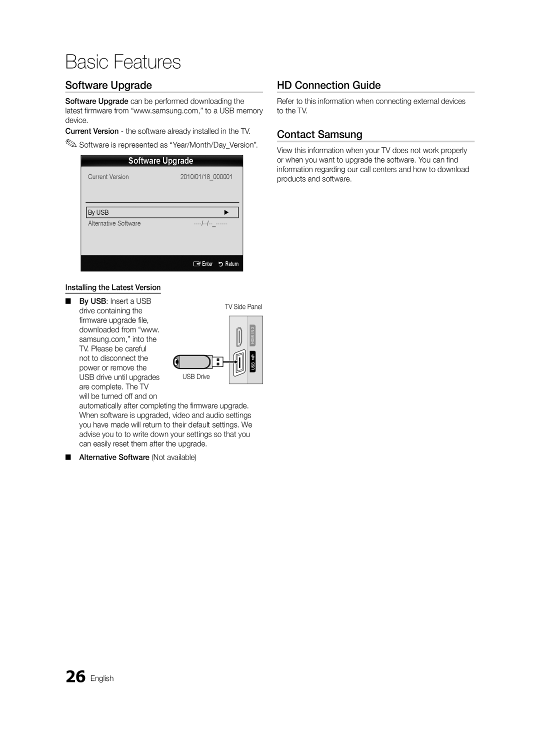 Samsung BN68-03114A-01, PC490-ZA user manual Software Upgrade, HD Connection Guide, Contact Samsung 