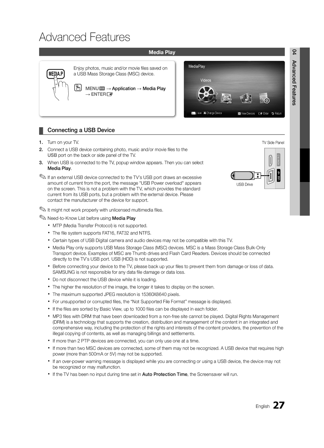 Samsung PC490-ZA, BN68-03114A-01 user manual Advanced Features, Connecting a USB Device, Media Play 