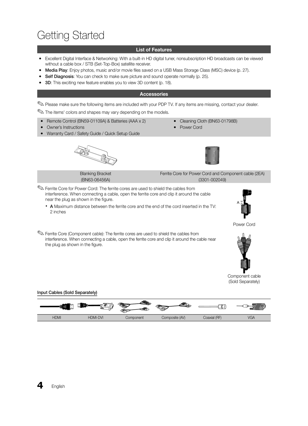 Samsung BN68-03114A-01, PC490-ZA user manual Getting Started, List of Features, Accessories, 3301-002049 