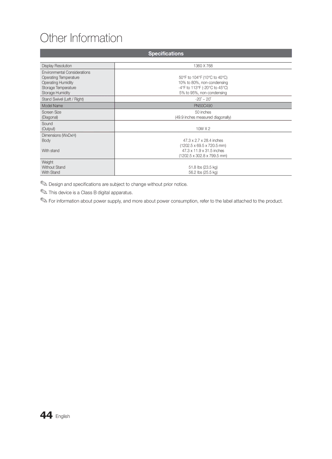 Samsung BN68-03114A-01, PC490-ZA user manual Specifications 