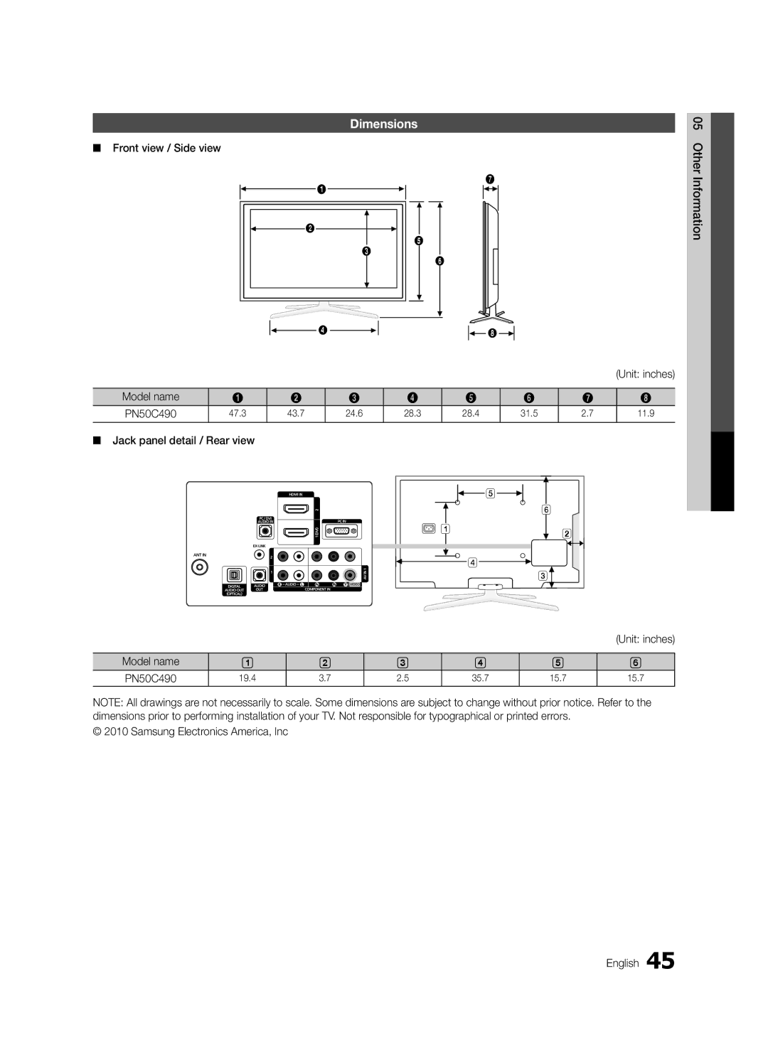 Samsung PC490-ZA Dimensions, Front view / Side view, Jack panel detail / Rear view Other Information, Model name PN50C490 