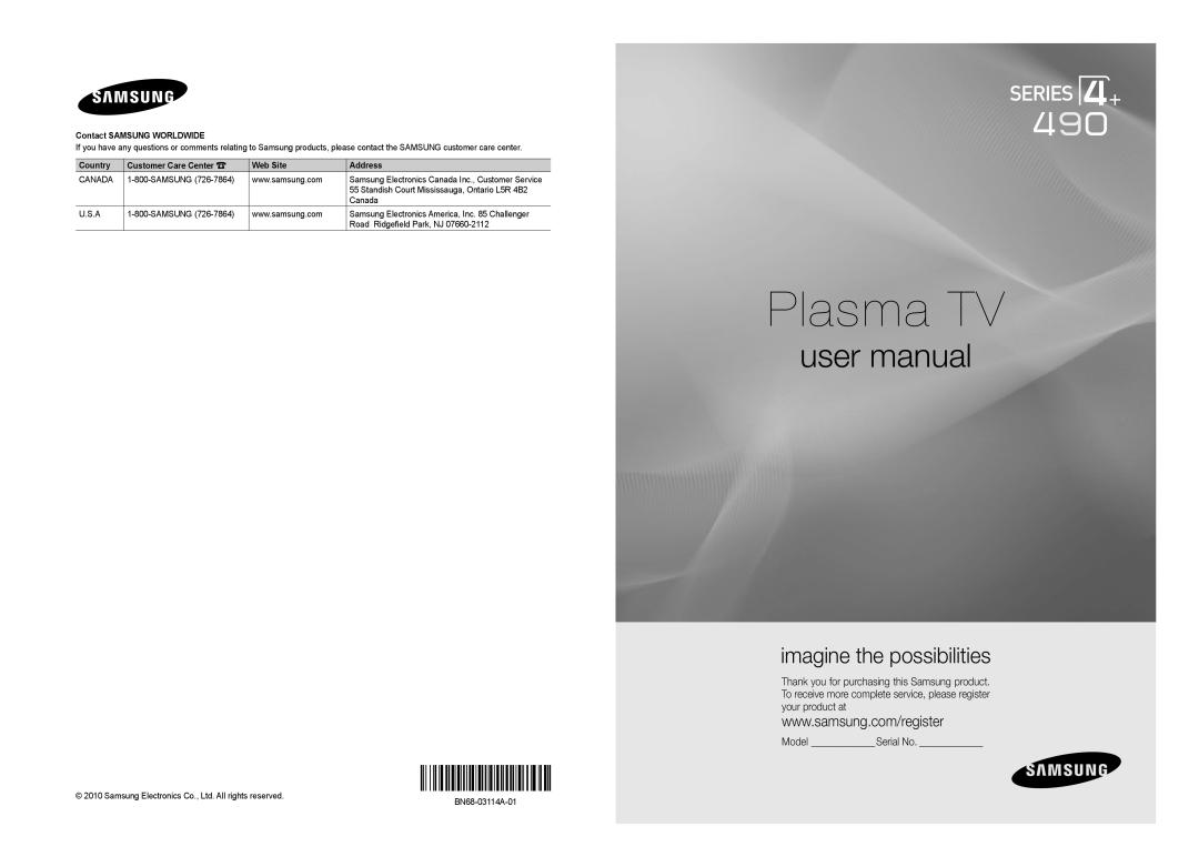 Samsung PC490-ZA user manual Model Serial No, Plasma TV, imagine the possibilities, Contact SAMSUNG WORLDWIDE, Country 