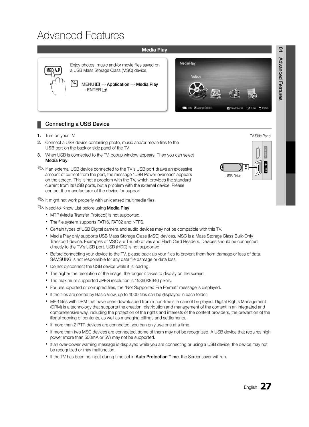 Samsung PC490-ZA, BN68-03114A-01 user manual Advanced Features, Connecting a USB Device, Media Play, → Entere 