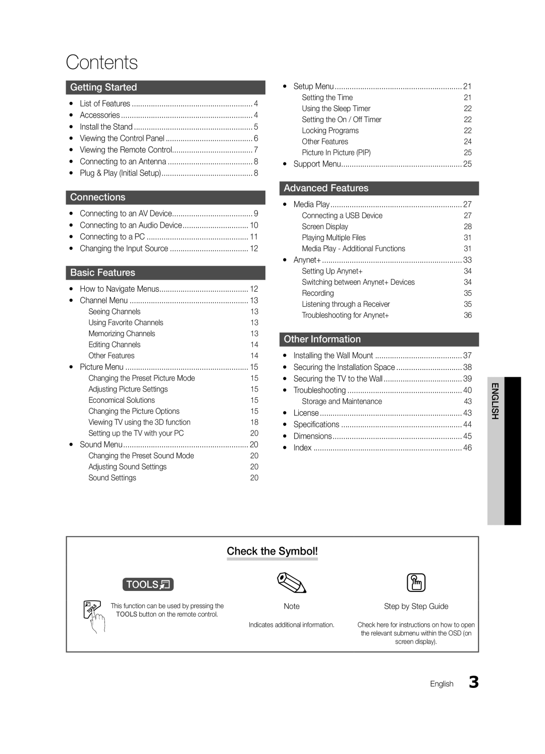 Samsung PC490-ZA user manual Contents, Check the Symbol, Getting Started, Connections, Basic Features, Advanced Features 