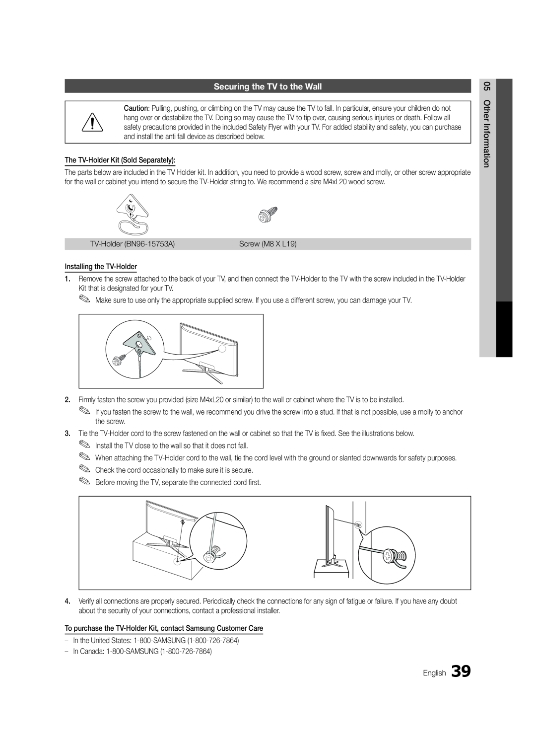 Samsung PC490-ZA, BN68-03114A-01 user manual Securing the TV to the Wall 