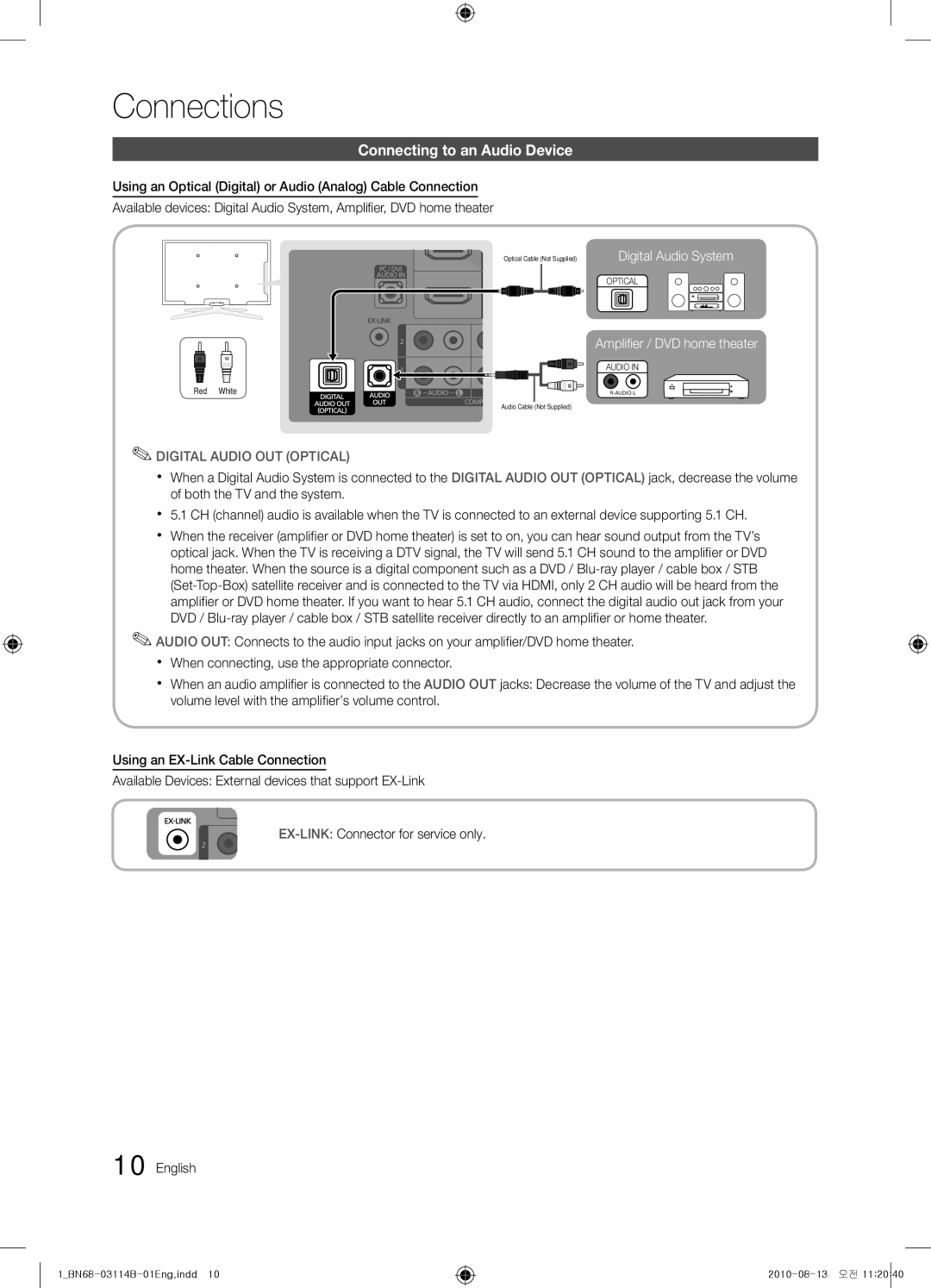 Samsung PN50C490, BN68-03114B-01, Series P4+ 490 user manual Connecting to an Audio Device, Digital Audio OUT Optical 