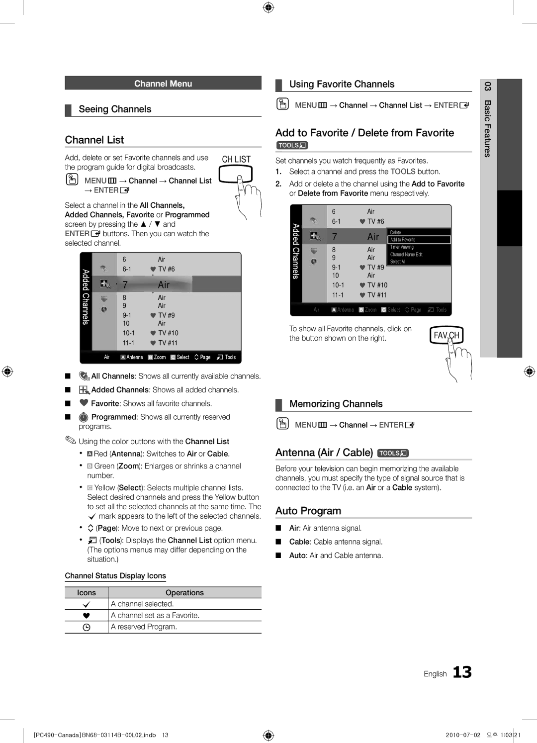Samsung PN50C490, BN68-03114B-01 Channel List, Antenna Air / Cable t, Auto Program, Seeing Channels, Memorizing Channels 