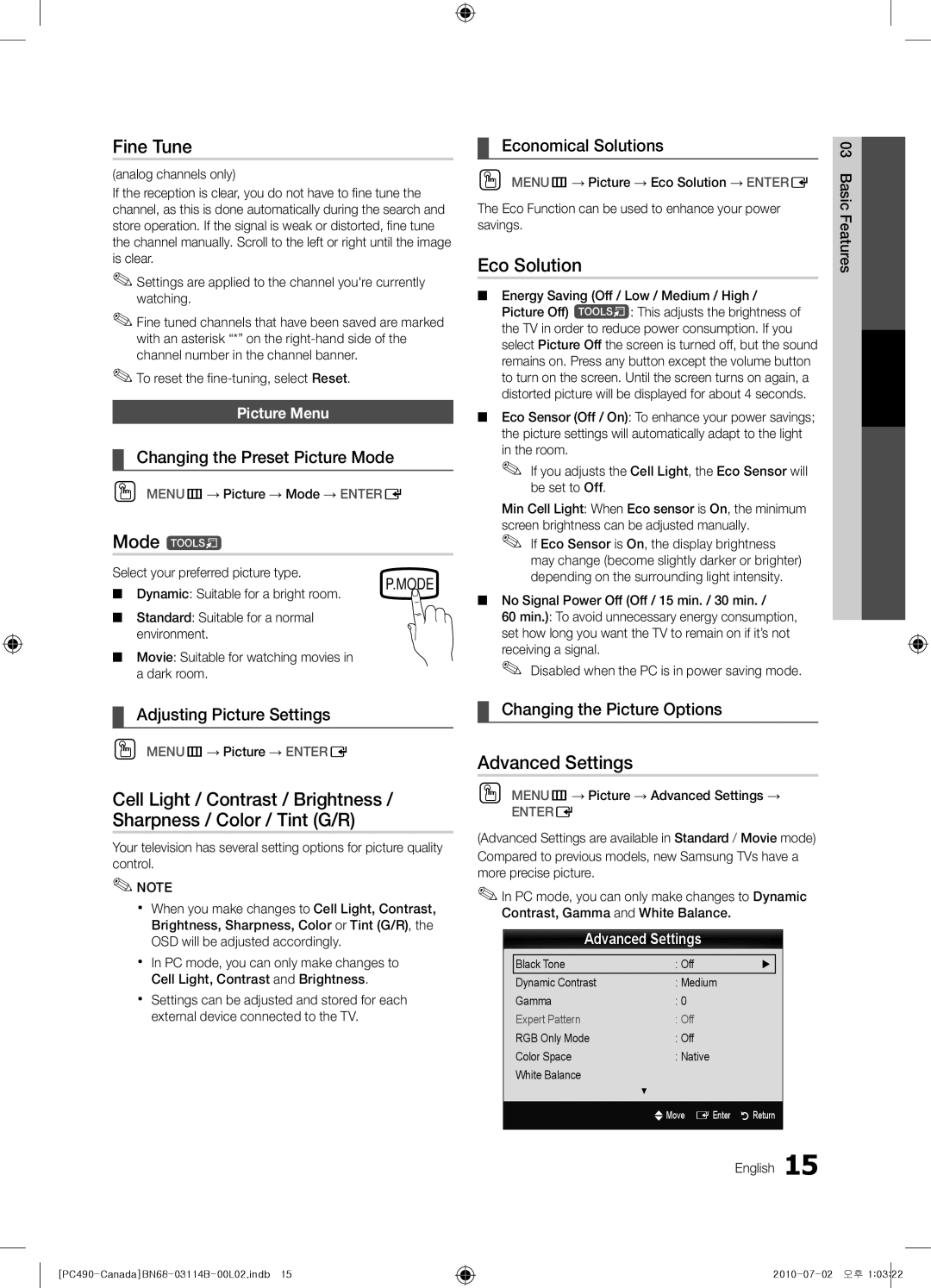 Samsung BN68-03114B-01, PN50C490, Series P4+ 490 user manual Fine Tune, Mode t, Eco Solution, Advanced Settings 