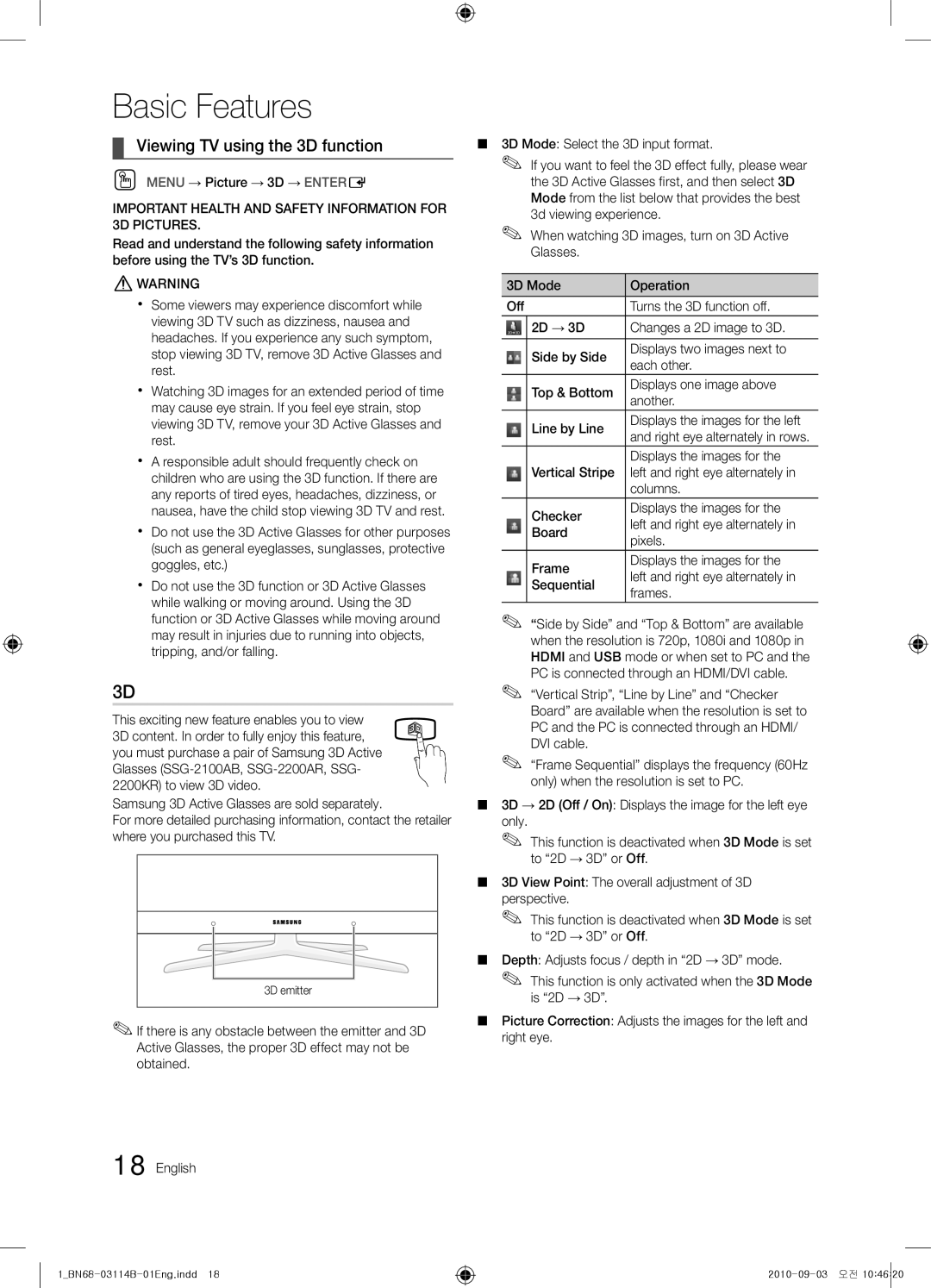 Samsung BN68-03114B-01 Viewing TV using the 3D function, OO Menu → Picture → 3D → Entere, Displays the images for 