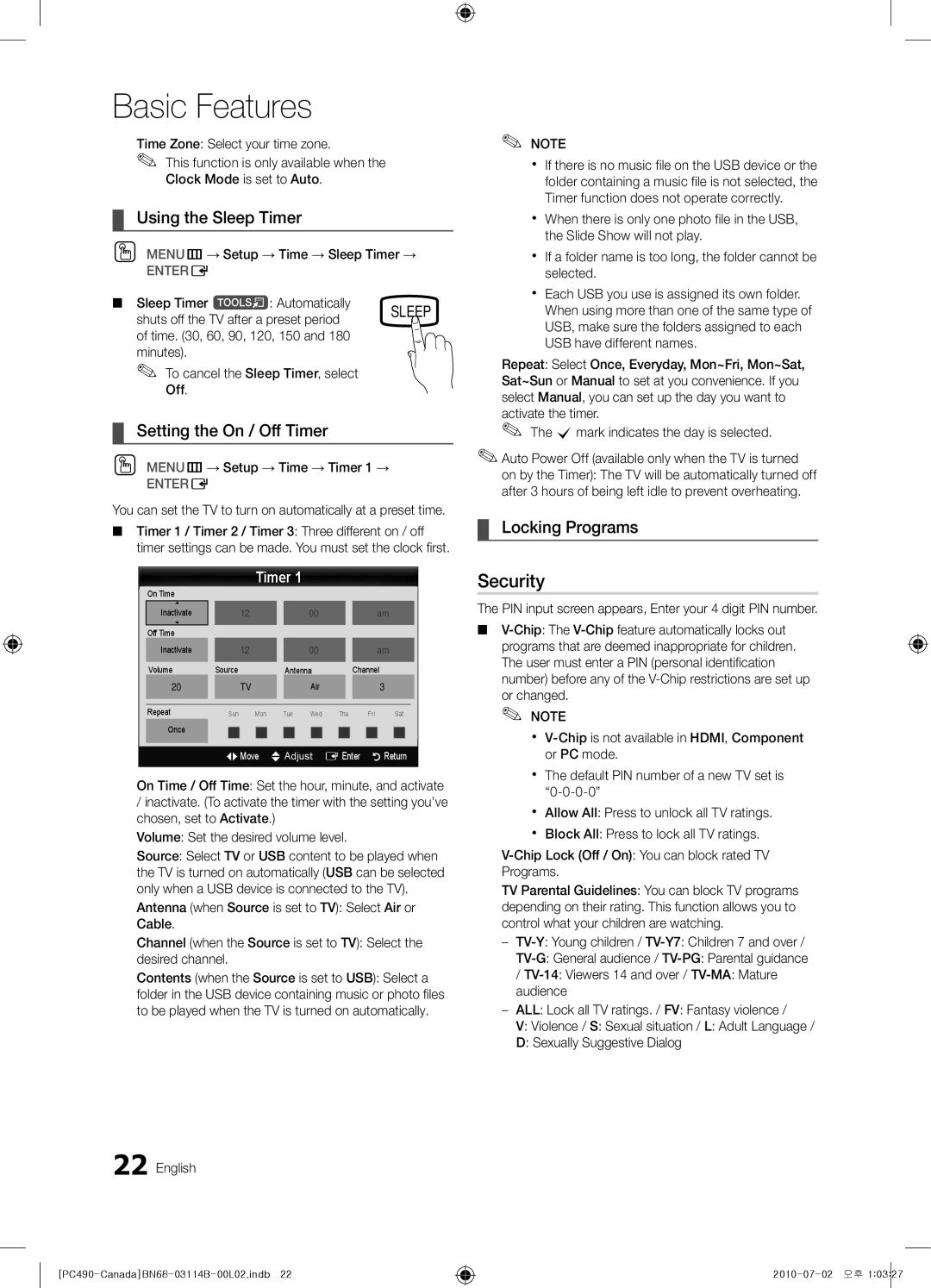 Samsung PN50C490, BN68-03114B-01 user manual Security, Using the Sleep Timer, Setting the On / Off Timer, Locking Programs 