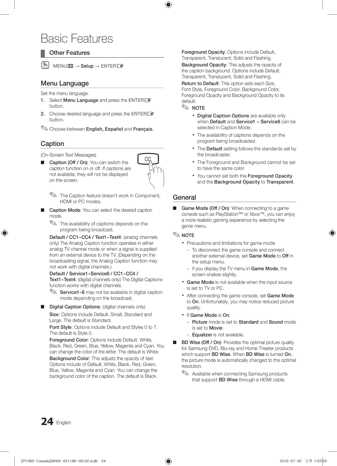 Samsung BN68-03114B-01, PN50C490, Series P4+ 490 user manual Menu Language, Caption, General, OO MENUm→ Setup → Entere 