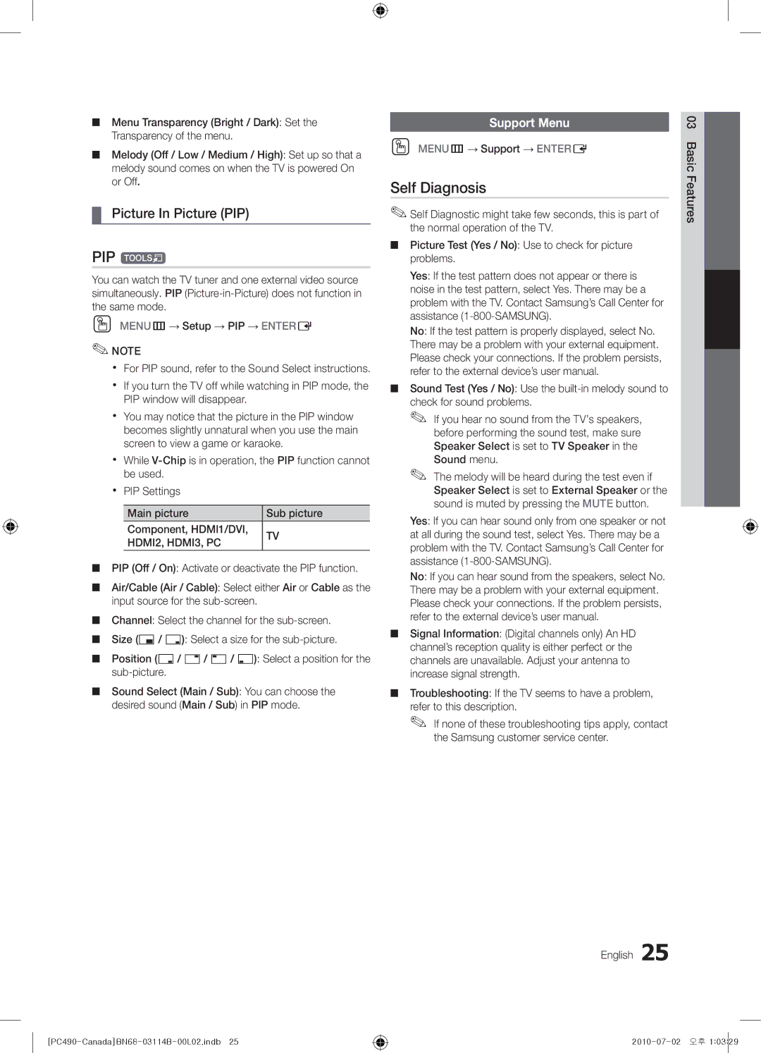 Samsung PN50C490, BN68-03114B-01, Series P4+ 490 user manual PIP t, Self Diagnosis, Picture In Picture PIP, Support Menu 