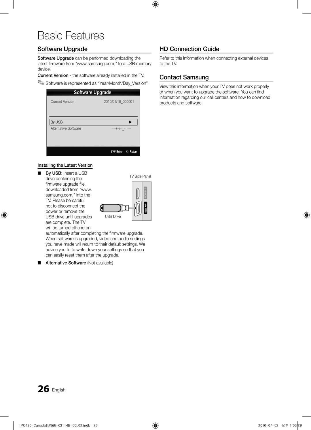 Samsung Series P4+ 490, BN68-03114B-01, PN50C490 user manual Software Upgrade, HD Connection Guide, Contact Samsung 