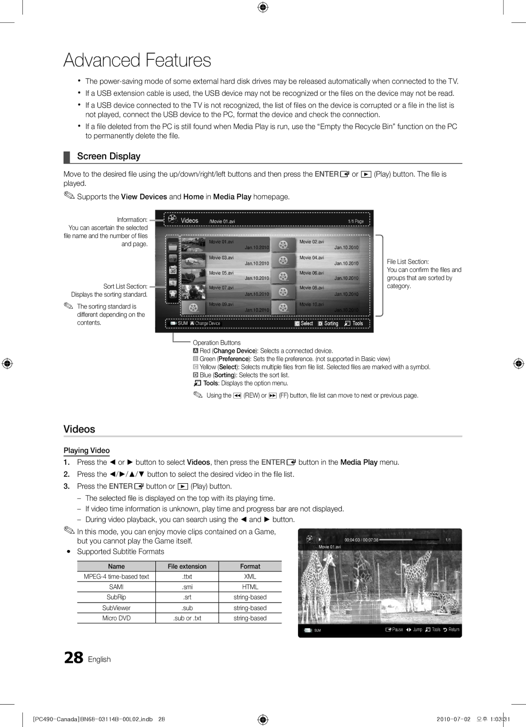 Samsung PN50C490, BN68-03114B-01 user manual Videos, Screen Display, Sorting standard is different depending on the contents 