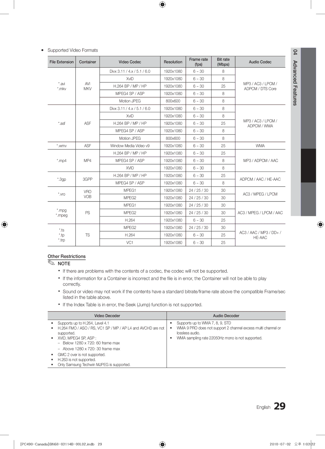 Samsung Series P4+ 490, BN68-03114B-01, PN50C490 user manual Yy Supported Video Formats, 04Features Advanced English 