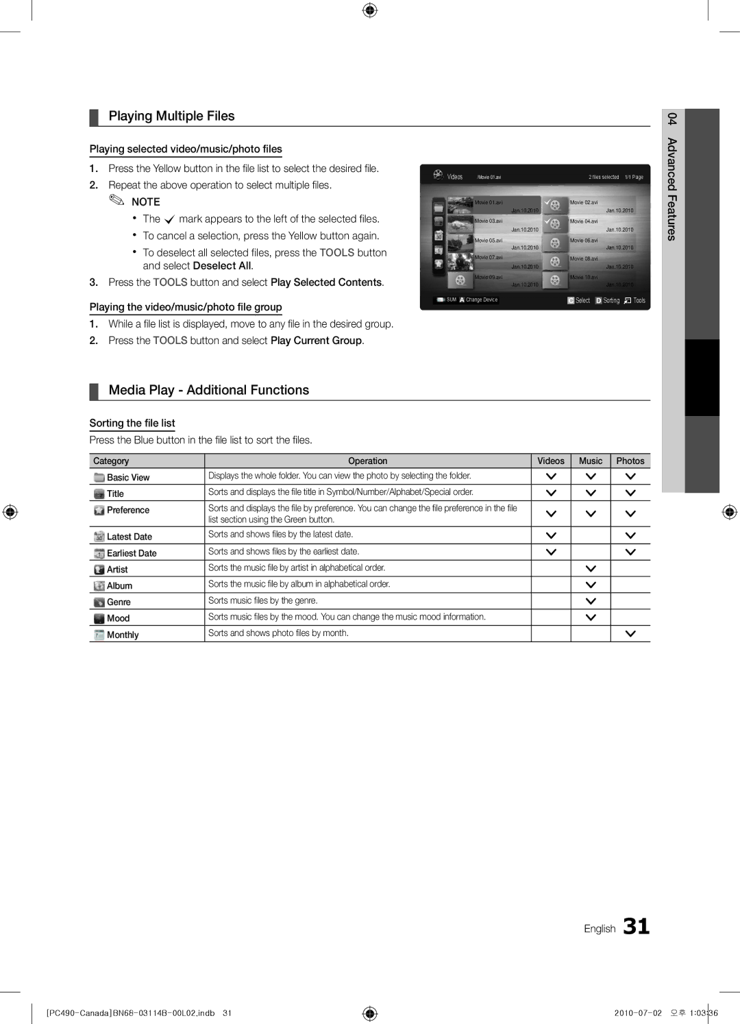 Samsung PN50C490 Playing Multiple Files, Media Play Additional Functions, Advanced, List section using the Green button 