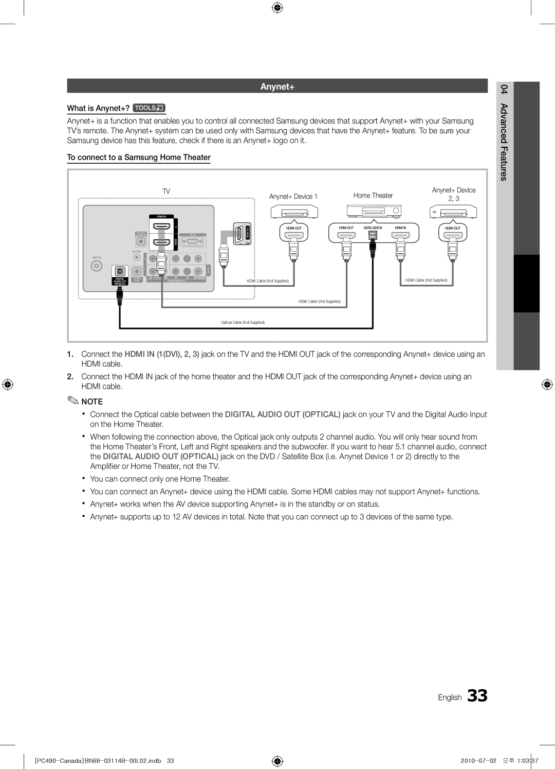 Samsung BN68-03114B-01, PN50C490, Series P4+ 490 user manual Anynet+ Device Home Theater 