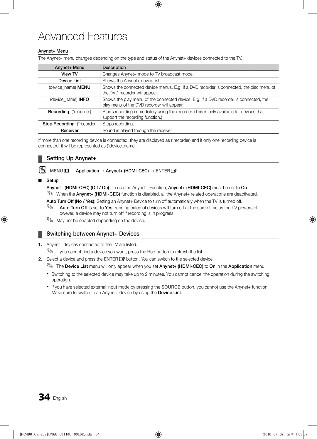 Samsung PN50C490, BN68-03114B-01, Series P4+ 490 user manual Setting Up Anynet+, Switching between Anynet+ Devices 