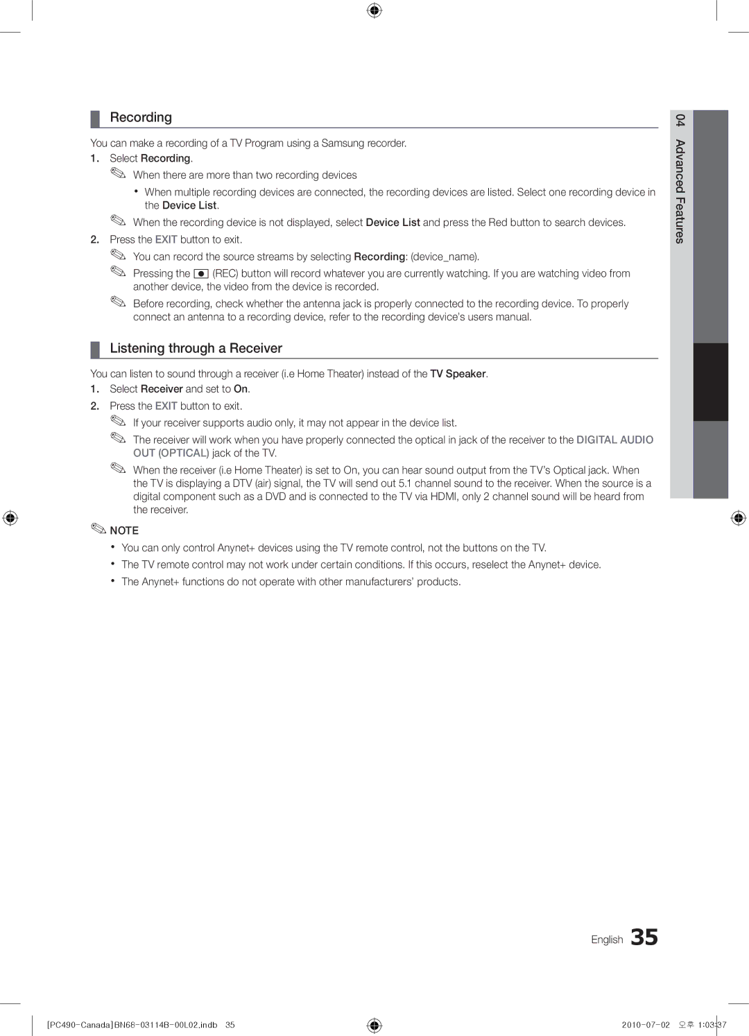 Samsung Series P4+ 490, BN68-03114B-01, PN50C490 user manual Recording, Listening through a Receiver 