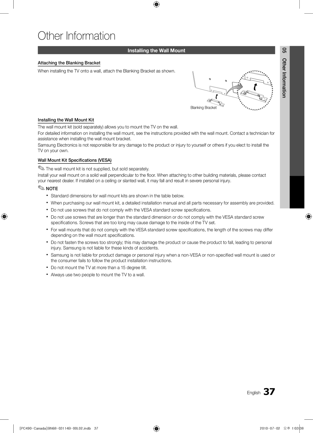 Samsung PN50C490, BN68-03114B-01 Other Information, Installing the Wall Mount, English 05InformationOher, Blanking Bracket 