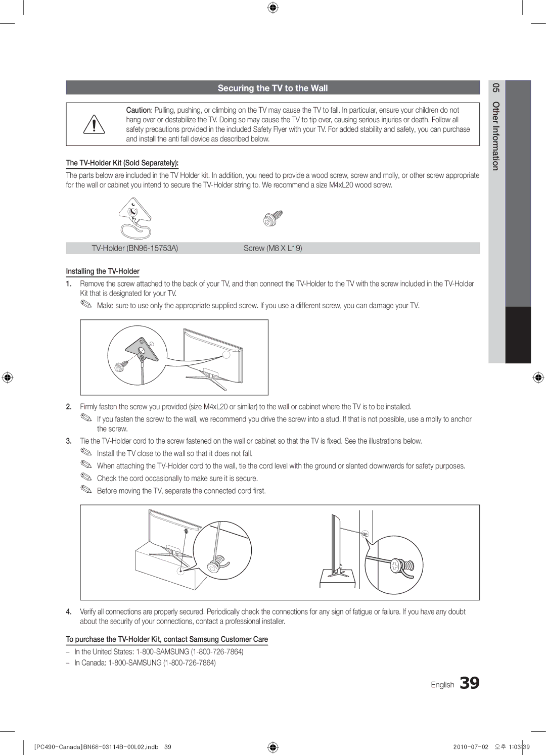 Samsung BN68-03114B-01 Securing the TV to the Wall, TV-Holder Kit Sold Separately, 05InformationOher TV-Holder BN96-15753A 