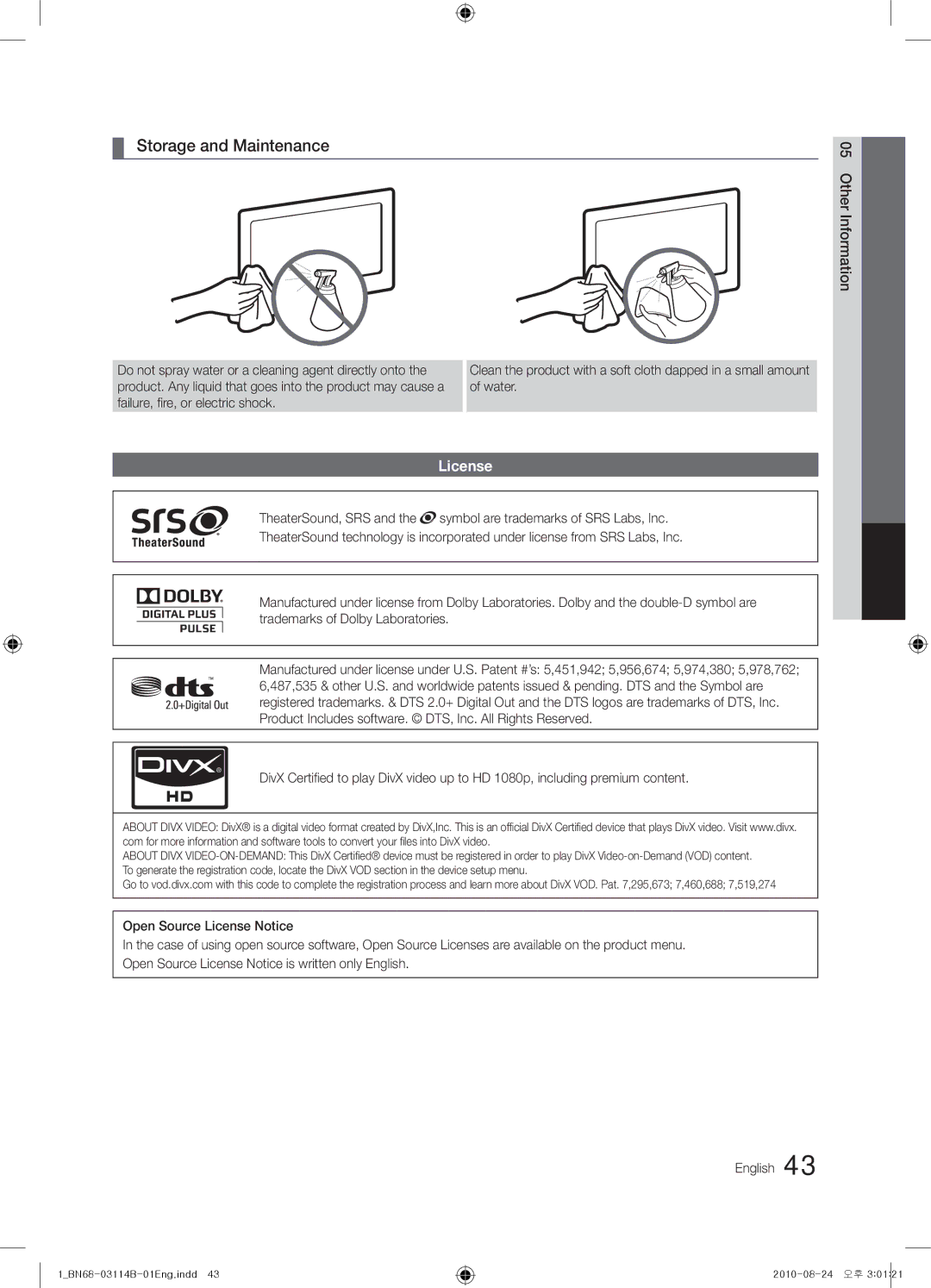 Samsung PN50C490, BN68-03114B-01, Series P4+ 490 user manual Storage and Maintenance, License 