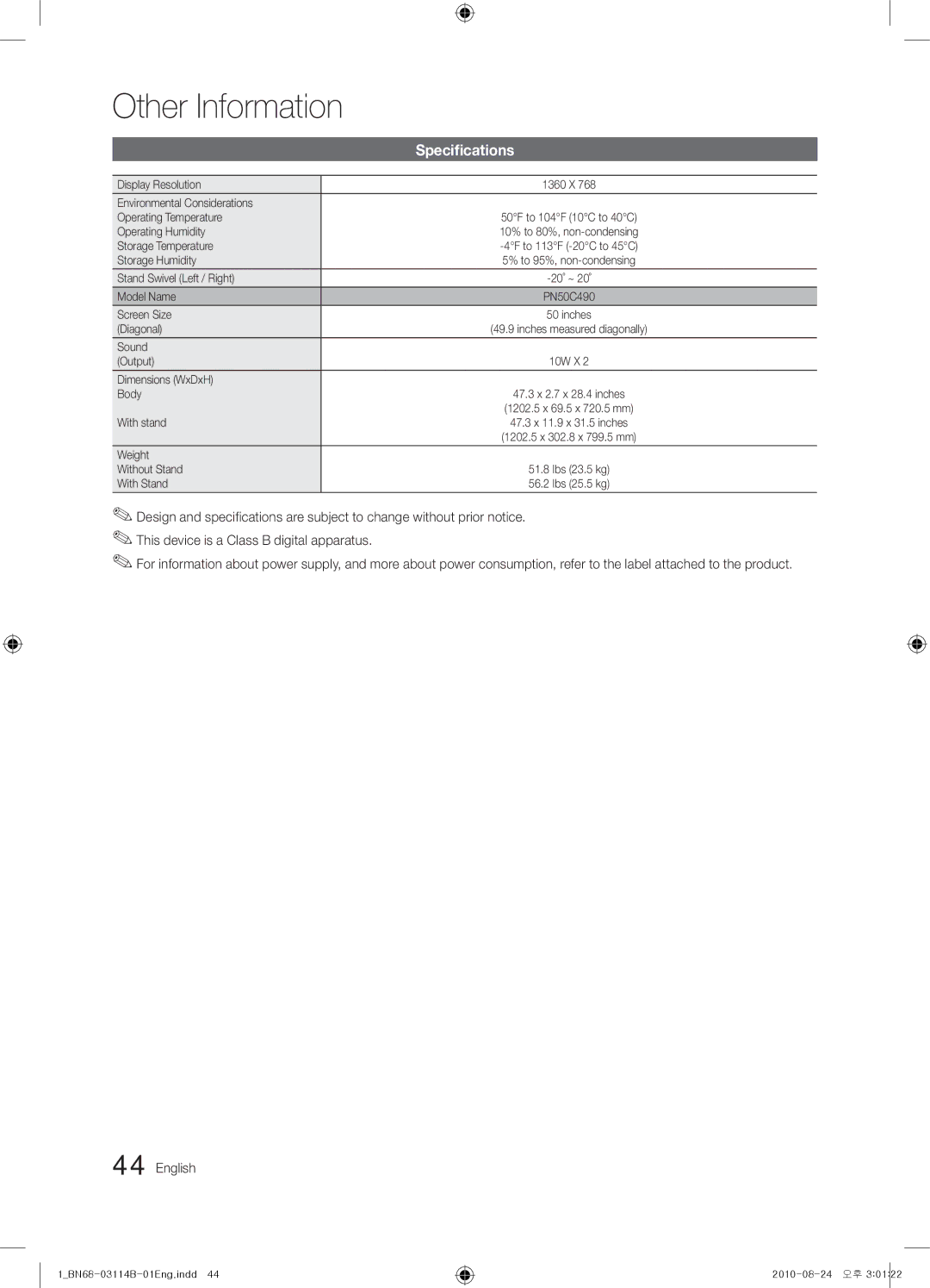 Samsung Series P4+ 490, BN68-03114B-01, PN50C490 user manual Specifications 